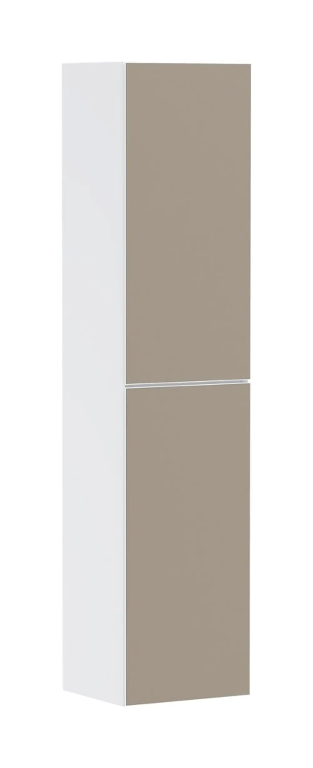 Hochschrank in Mattweiß mit zwei Türen. Die links anschlagende Tür zeigt eine glatte Oberfläche. Hansgrohe-Design mit schmalem, vertikalem Profil.